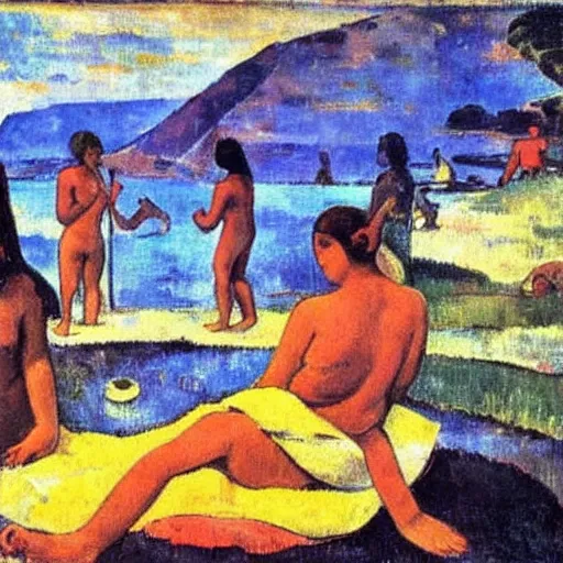 Prompt: Young ladies bathing close to Naples Vesuvio as Paul Gauguin style