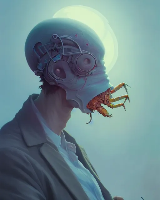 Image similar to highly detailed surreal vfx portrait of a lobsterpunk grim reaper, stephen bliss, unreal engine, greg rutkowski, loish, rhads, beeple, makoto shinkai and lois van baarle, ilya kuvshinov, rossdraws, tom bagshaw, alphonse mucha, global illumination, detailed and intricate environment