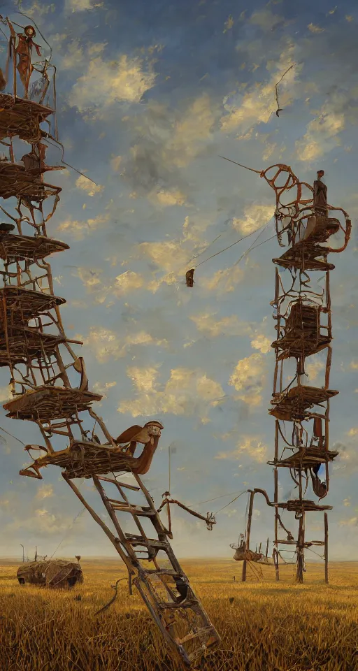 Image similar to surreal building construction, ladders to the sky in the steppe, in game pathologic 2, by jacek yerka, by levitan, oil on canvas, acrylic, digital art, royal academy, masterpiece, trending on artstation, cinematic composition, sharp, details, hyper - detailed, hd