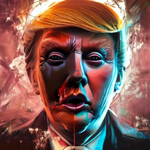 Prompt: Messy Baby Donald Trump covered in chocolate, cyberpunk, surrounded by smoke, award-winning art, hyperrealistic, by Sam Spratt, by Vlad Rodrig﻿u﻿e﻿z, trending on Artstation, dark, dramatic, cinematic, realistic studio lighting, raytracing, 4k, professional, canon