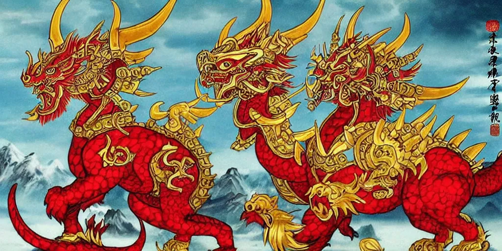 Image similar to chinese god of warcraft controling the four animal guards of the north east south west : : qilin, dragon, tortoise and phoenix, chinese myth, scared animal, legendary creatures of china