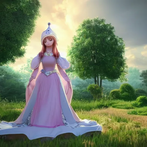 Image similar to a very detailed, ultra-realistic, pleasant, beautiful, funny, smooth 3D CG render, semirealistic anime style, close-up of a gorgeous, cute, gentle, noble priestess magician princess girl wearing dress and jewelry, in a glorious magic kingdom with castle and walls, relaxing calm vibes, fairytale, octane render