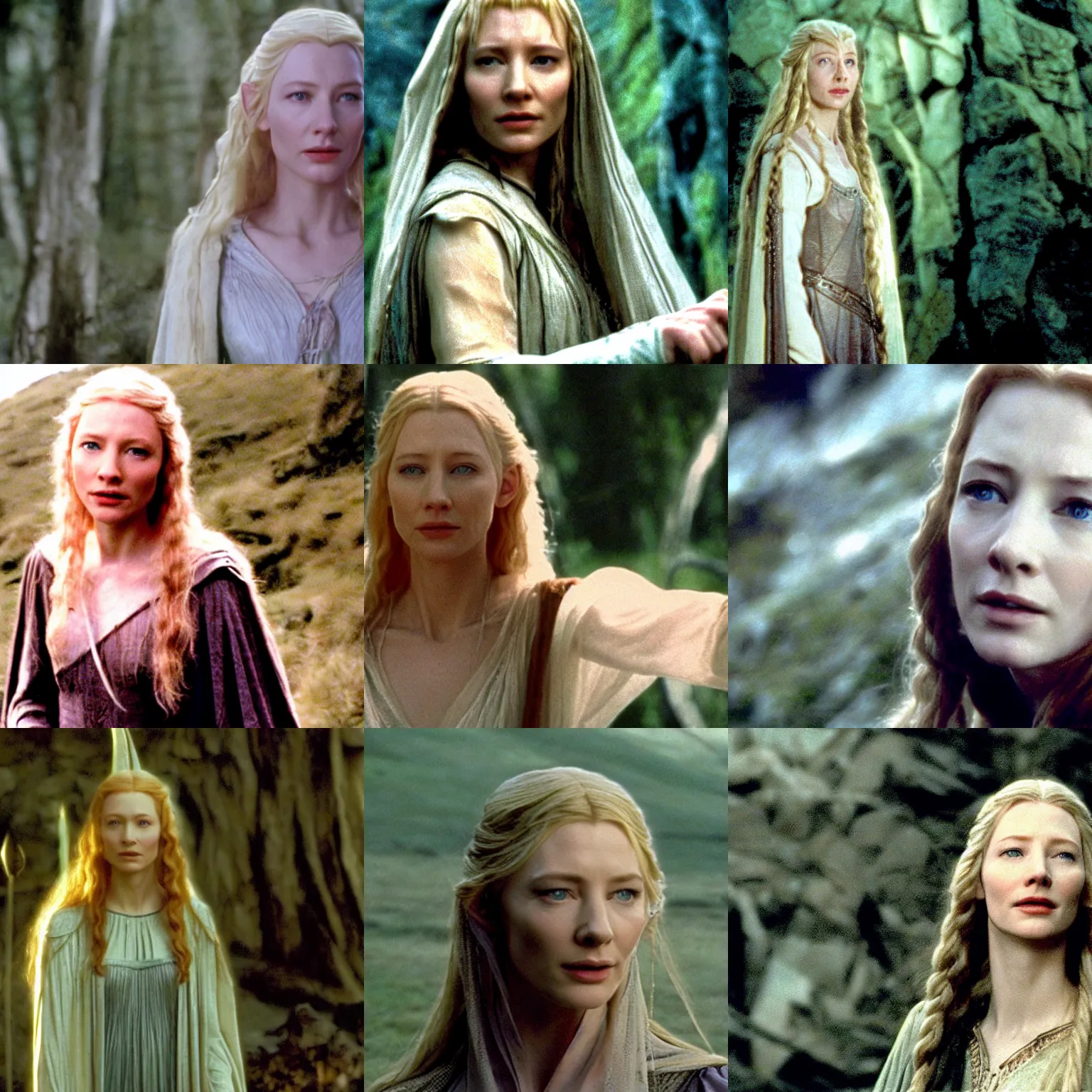 Prompt: galadriel ( young cate blanchett ) in a scene of lord of the rings ( 2 0 0 2 ), filmed by andrew lesnie with arriflex 4 3 5 camera