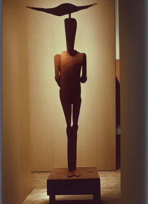 Image similar to realistic photo portrait of the a sculpture of a person in a shape of a bird made of wood, poorly designed, arte povera, fluxus, dadaism standing in the wooden polished and fancy expensive wooden museum interior room 1 9 9 0, life magazine reportage photo