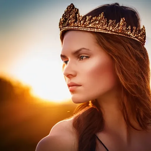 Prompt: a beautiful female goddess wearing a crown in a relaxed pose head shot, sunset lighting