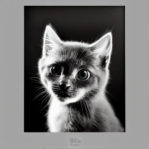 Prompt: a portrait photo of a cute solid gray kitten wearing a tuxedo by edward weston, auto graflex, 2 1 0 mm ƒ / 6 4 zeiss tessar, agfa isopan iso 2 5, pepper no. 3 5, 1 9 3 0, high quality photo, highly detailed, studio lighting, fine - art photography, tack sharp