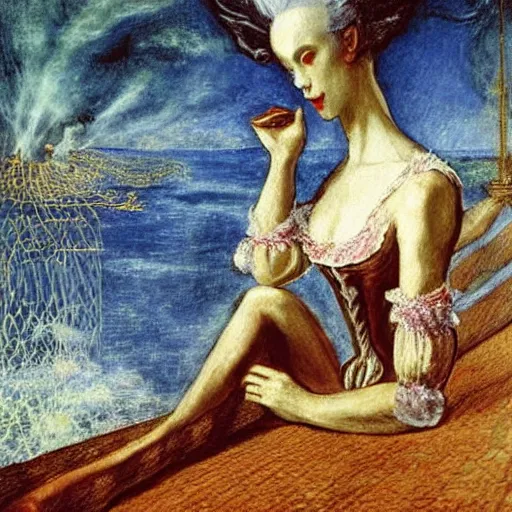 Image similar to Marie Antoinette hovering over the waters. By El Greco, Remedios Varo, Salvador Dali, Carl Gustav Carus, John Atkinson Grimshaw.