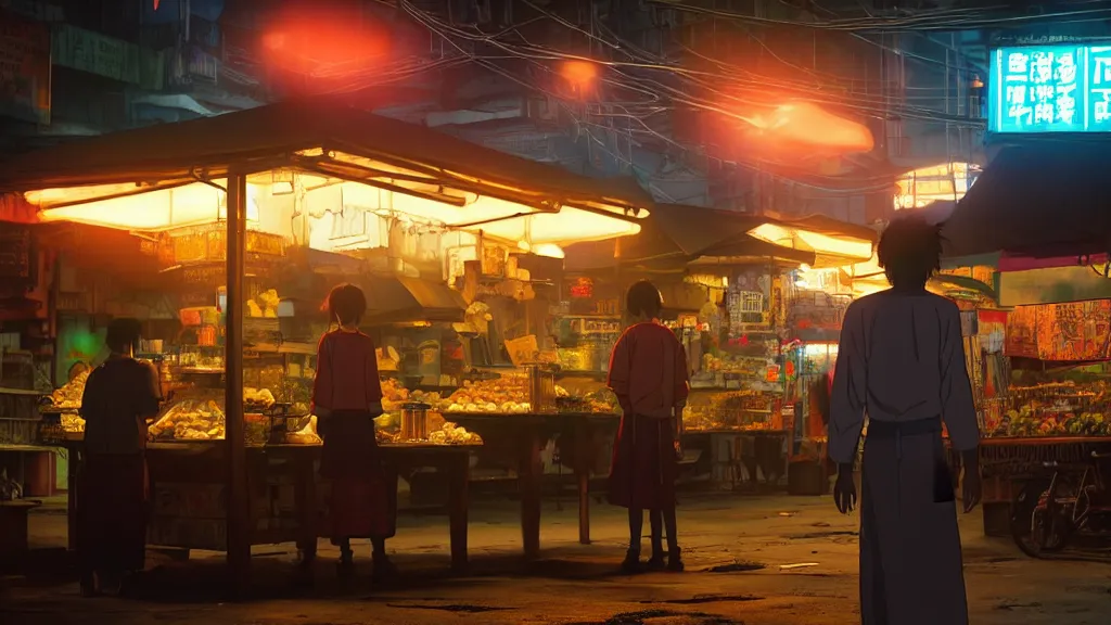 Image similar to twilight lighting, moody, atmospheric, solarpunk, taho vendor, in davao city, by ghibli studio and victor ngai, ghost in the shell, akira, pixar highly detailed, 8 k