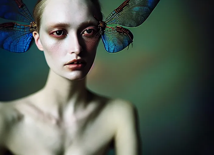 Prompt: cinestill 5 0 d portrait shot of a beautiful woman hybrid in style of tim walker by roberto ferri, dragonfly wings body intricate detailed, 1 5 0 mm lens, f 1. 4, sharp focus, ethereal, emotionally evoking, head in focus, volumetric lighting, tonal colors outdoor
