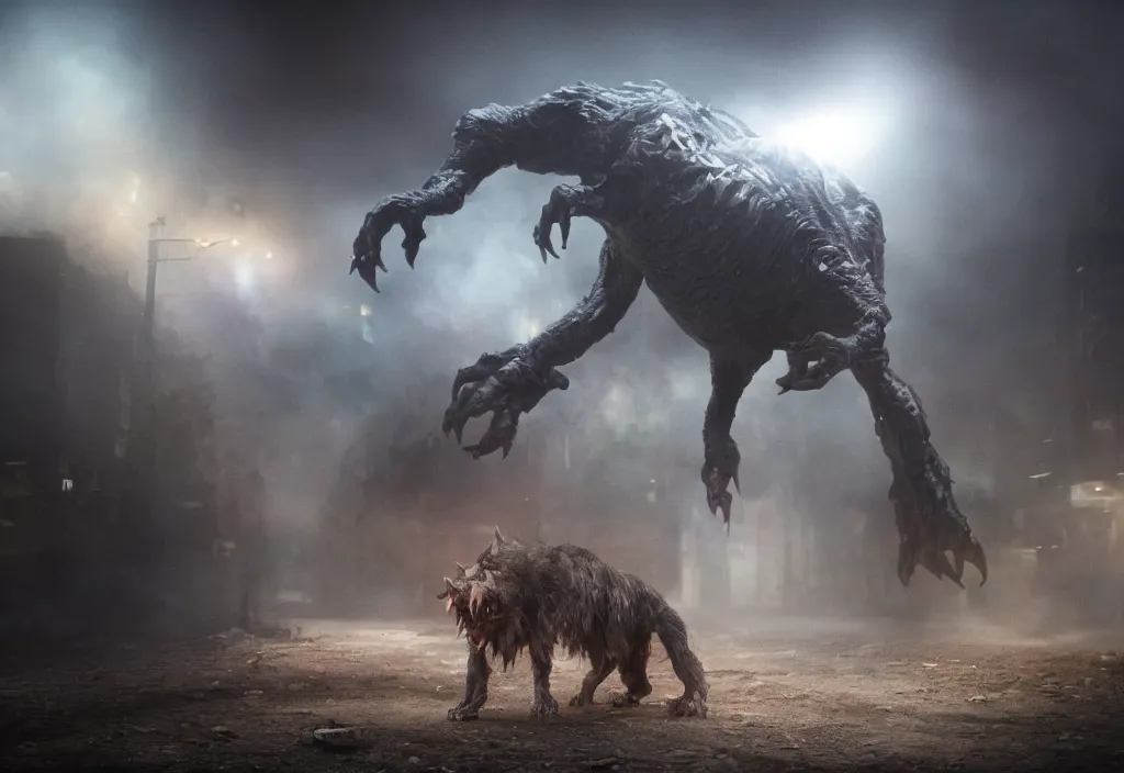 Prompt: vfx color film closeup, huge behemoth monster creature beast by aaron sims, four legs, in residential street, low - key lighting award winning photography arri alexa cinematography, hyper real photorealistic cinematic beautiful, atmospheric