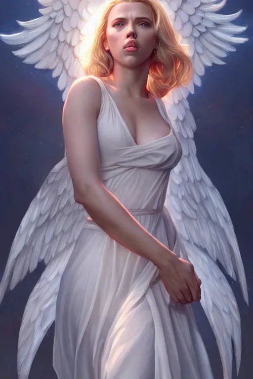 Image similar to Scarlett Johansson as a Heavenly Angel ,anatomy, only two hands, highly detailed, digital painting, artstation, concept art, smooth, sharp focus, illustration, Unreal Engine 5, 8K, art by art by artgerm and greg rutkowski and edgar maxence