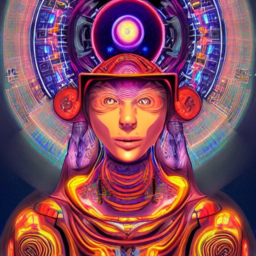 Image similar to portrait of a future metaverse tech shaman warrior, 2D cartoon, visionary art, symmetric, Magick symbols, holy halo, shipibo patterns, sci-fi, concept art, trending on art station, 8k digital art