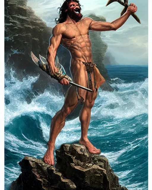 Image similar to a portrait of strong and proud young Poseidon with trident in his hands, screaming, ready to fight, rising from the ocean by Ross Tran and Thomas Cole and Wayne Barlowe