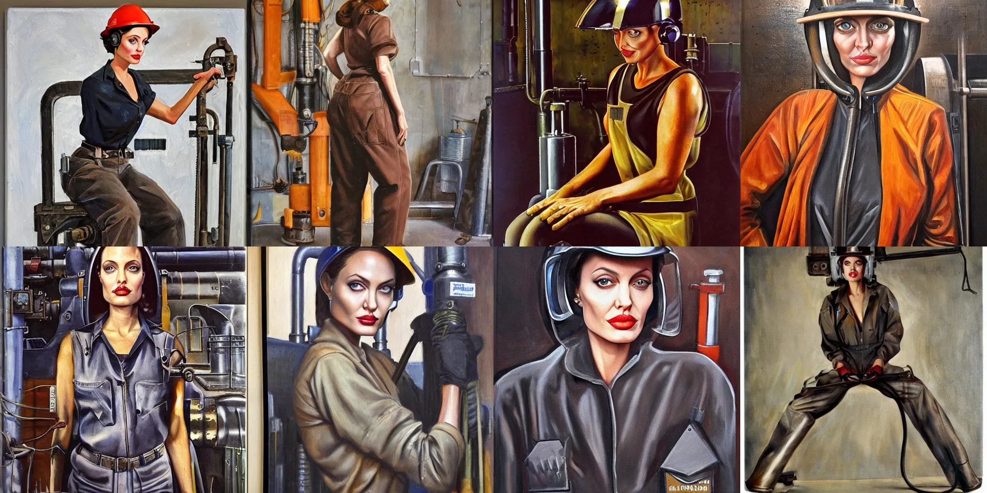 Prompt: symmetrical oil painting half - length portrait angelina jolie in steelworker welder costume by percevel rockwell - from 1 9 4 0 s