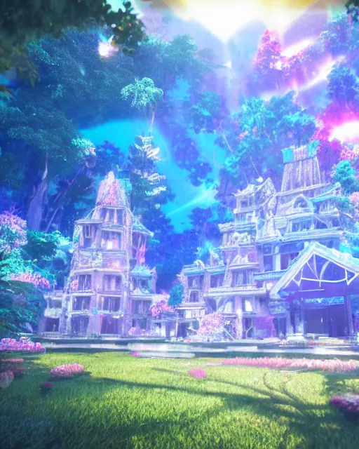 Image similar to a beautiful holograph of crystal castle by makoto shinkai, unreal engine, dreamlike, reflection, soft lighting, gems, prism, iridescence