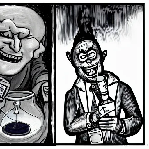 Image similar to The Trollface as an evil scientist holding a vial of oil, full body portrait, labcoat, black and white illustration