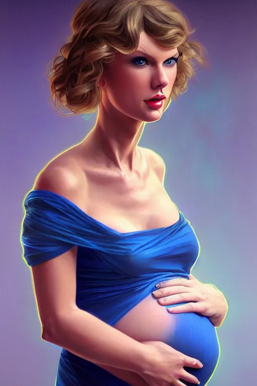 Image similar to pregnant taylor swift in a blue dress, realistic portrait, symmetrical, highly detailed, digital painting, artstation, concept art, smooth, sharp focus, illustration, cinematic lighting, art by artgerm and greg rutkowski and alphonse mucha