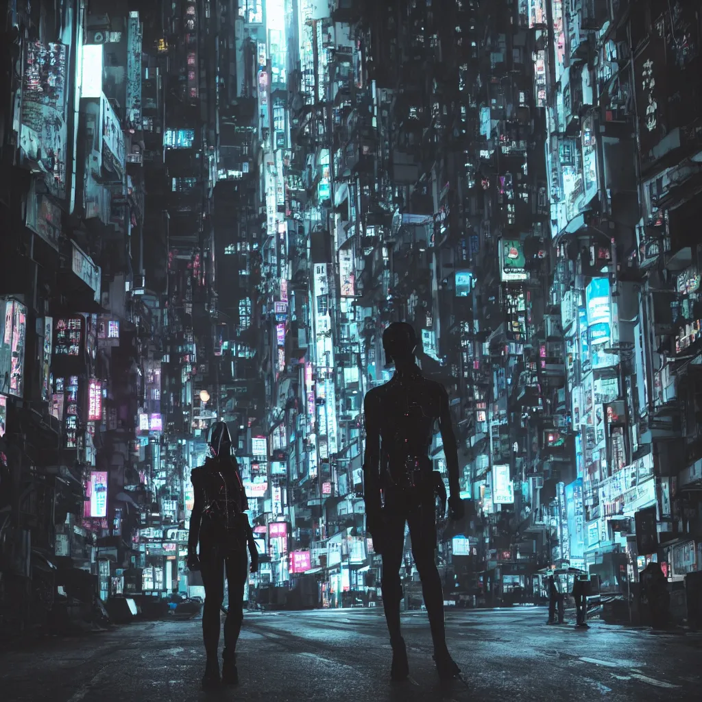 Prompt: cyberpunk android standing in a dark alley in future hong kong at night - n 6