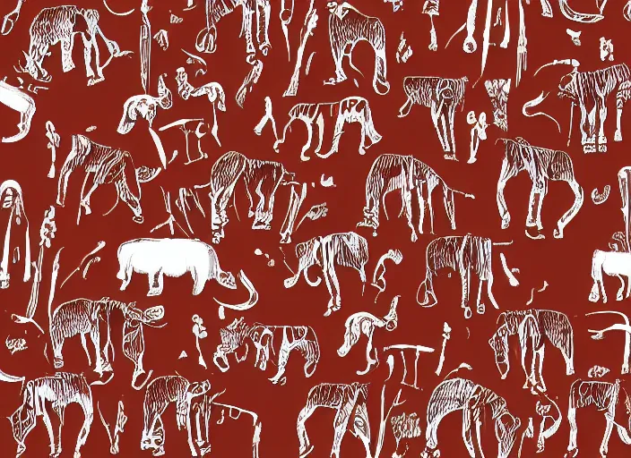 Image similar to painted pattern which figures of ancient hunters mammoths vw buses, rock cave painting, red ocher, finger painting