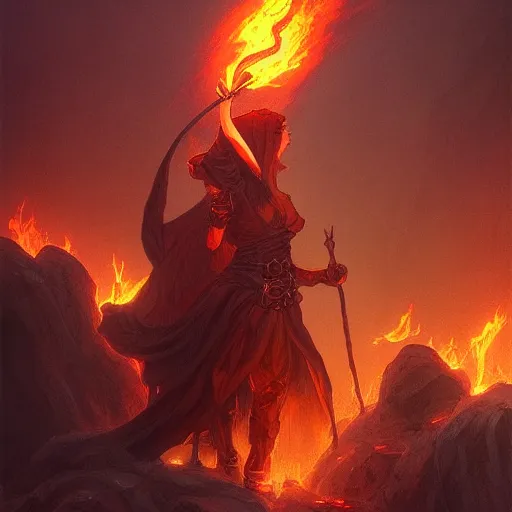 Image similar to a pyromancer is with fire , medium level shot , epic scene, Mucha style , Grim fantasy, illustration ,concept art,