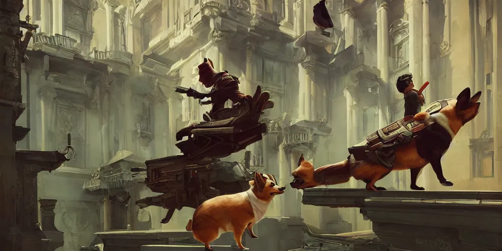 Prompt: beautiful painting of corgi assassin infiltrating a palace, by Sergey Kolesov, tristan eaton, Tom Bagshaw. trending on Artstation, 8k, masterpiece, graffiti paint, dishonored, fine detail, full of color, intricate detail, golden ratio illustration, illustrative story telling