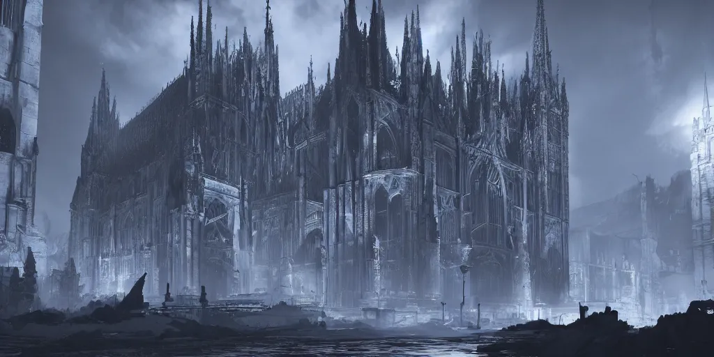 Image similar to grimdark tsutomu nihei aposimz gothic cathedral city, unreal engine, 8 k, ultra realistic, ultra detail