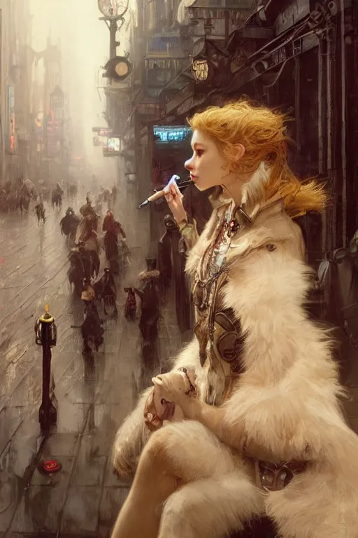 Image similar to beautiful portrait of an attractive white female anthro wolf smoking a cigarette in a bustling crowd of a rainy city street, steampunk, female fursona, 4 k, trending on artstation, by gaston bussiere, craig mullins, artgerm, greg rutkowski, alphonse mucha