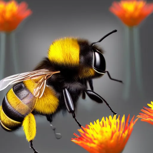 Image similar to 3 d render of a bee, close up shot, blurry background