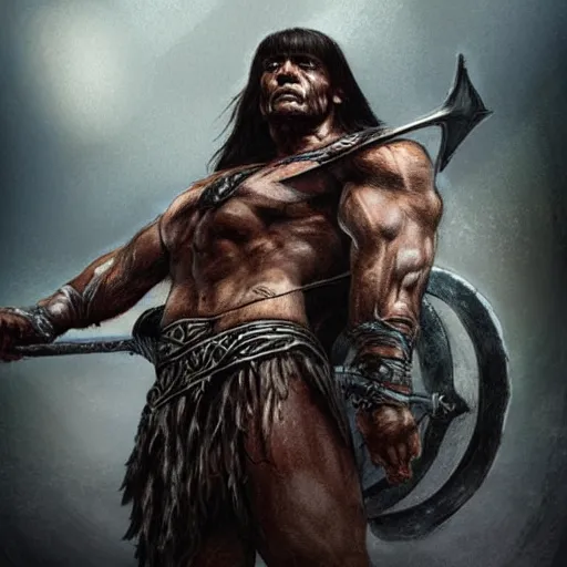 Prompt: concept art conan the barbarian in valhalla in the style of prometheus