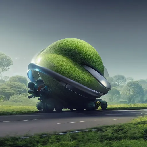 Image similar to a spherical car driving down the road with a tyrannosaurus rex and humans dancing in the background, smoky, green hills, many interstellar plants, futuristic concept design, airy landscape, high detail rendering by octane, unreal engine, 8 k, cinematic grade.