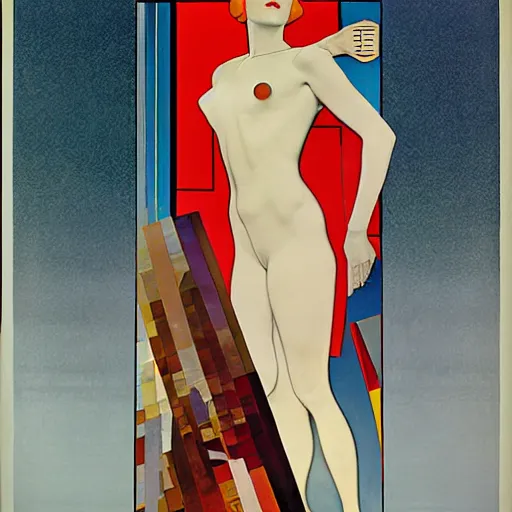 Prompt: art by coles phillips, a tall chrome - skinned god walks the earth, reflective skin, chrome, skin with a mirrror like finish similar to the silver surfer, mucha, kandinsky