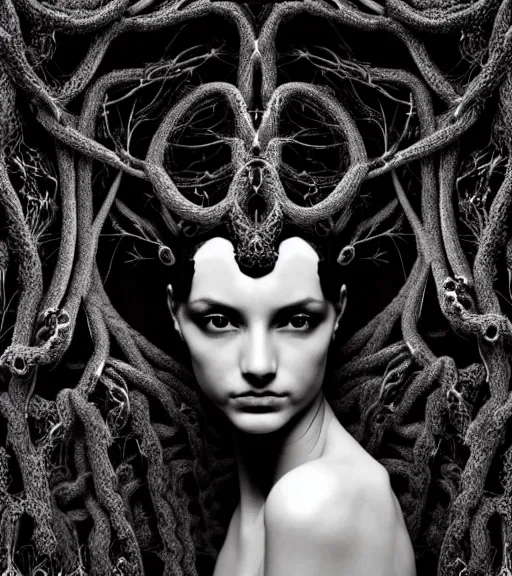 Image similar to dark background, a black and white high quality dreamy photo of a young beautiful female queen-vegetal-dragon-cyborg bust with a very long neck and delicate Mandelbrot fractal face, anatomical, facial muscles, veins, arteries, elegant, highly detailed, flesh highly baroque ornate, hair are curled wired cables, elegant, poetic, dreamy, mysterious, high fashion, rim light, in the style of Ellen von Unwerth, Realistic, Refined, Digital Art, Highly Detailed, Cinematic Lighting, rim light, black and white, photo-realistic, 8K
