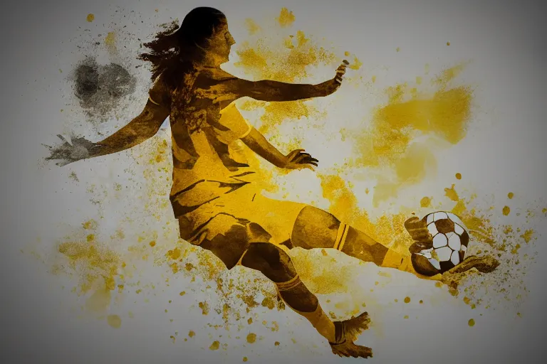 Image similar to beautiful serene soccer player, healing through motion, minimalistic golden ink airbrush painting on white background