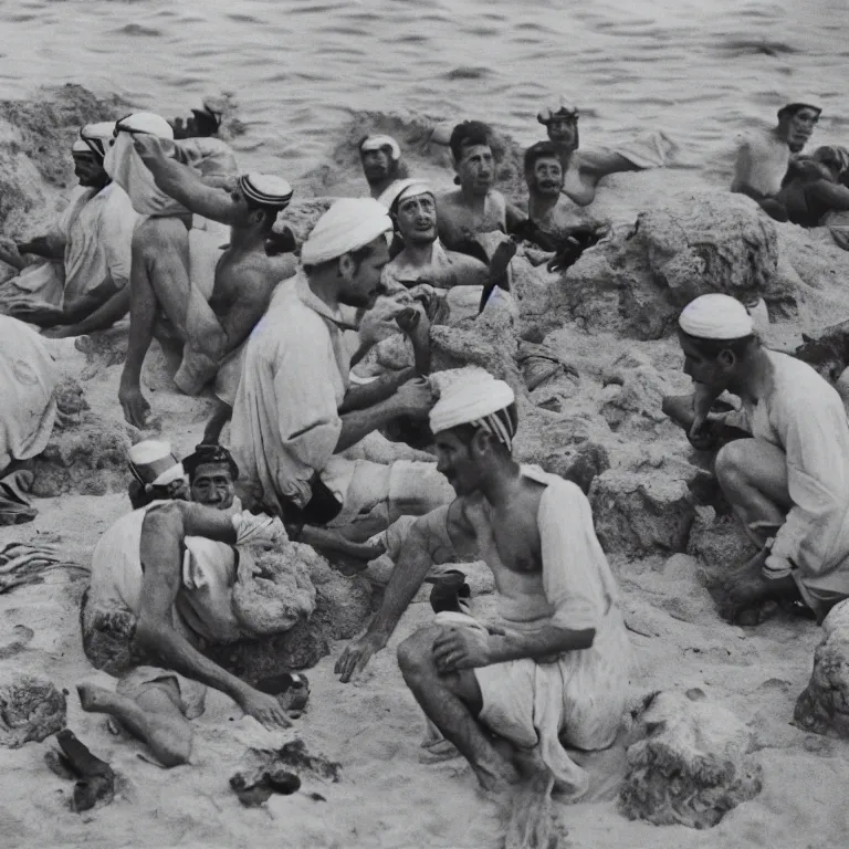 Prompt: pearl divers in the Arab Emirates in the early 20th century photo, kodak, 35mm,