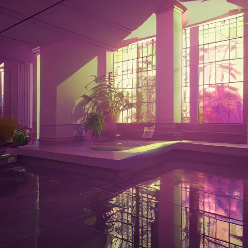 Image similar to liminal space interior of a vaporwave mansion high detail 3D rendered render in unreal engine 8K god rays volumetric lighting trending on art station