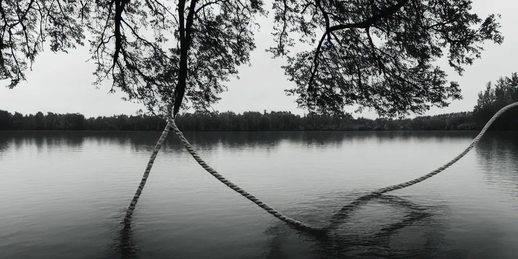 Image similar to symmetrical photograph of an infinitely long rope floating on the surface of the water, the rope is snaking from the foreground stretching out towards the center of the lake, a dark lake on a cloudy day, trees in the background, anamorphic lens