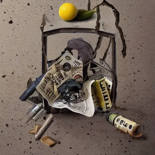 Prompt: A surrealist still life of misplaced everyday objects