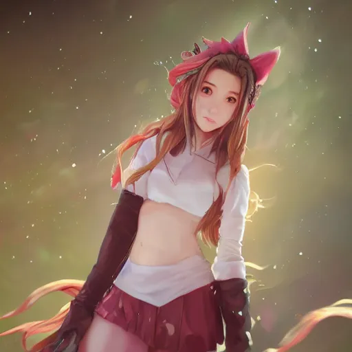 Image similar to full body shot of aerith gainsborough by WLOP, rossdraws, Logan Cure, Mingchen Shen, BangkuART, sakimichan, yan gisuka, JeonSeok Lee, zeronis, Chengwei Pan on artstation