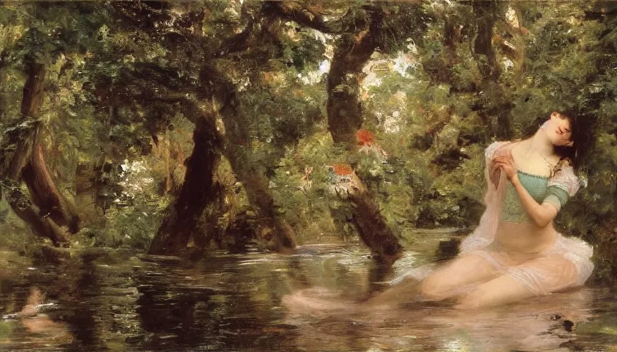 Prompt: artwork painting of ophelia by eugene von guerard, ivan shishkin, john singer sargent