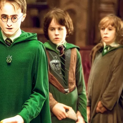 Prompt: Movie still of Harry Potter as a Slytherin