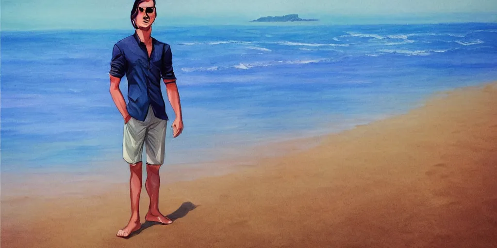 Image similar to a handsome guy is standing tall, in a beautiful shirt, with the beach, sea, sun, rays in the background? super detail, one character