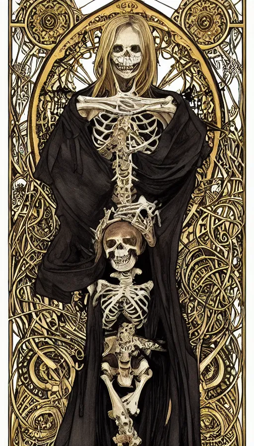 Image similar to a skeleton in a black cloak, highly detailed, very intricate, art nouveau, gold filigree, left right symmetry, tarot concept art watercolor illustration by mandy jurgens and alphonse mucha and alena aenami, featured on artstation