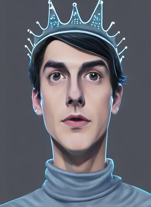 Image similar to portrait of teenage jughead jones wearing a light grey crown, crown, blue turtleneck, 1 9 5 0 s, closed eyes, photorealistic, black hair, glowing lighting, intricate, elegant, glowing lights, highly detailed, digital painting, artstation, concept art, smooth, sharp focus, illustration, art by wlop, mars ravelo and greg rutkowski