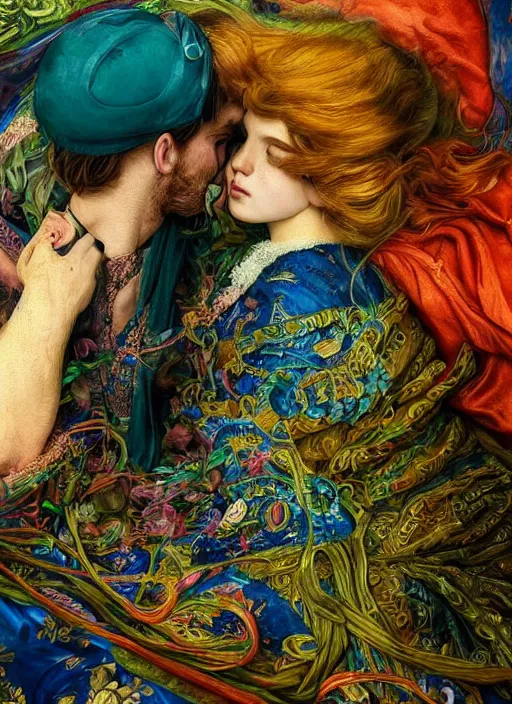 Image similar to detailed colourful masterpiece of intricate preraphaelite art novueau photography couple portrait sat down extreme closeup, love, inside an underwater train, detailed realistic expressions, wearing unusual clothes, ultra wide angle