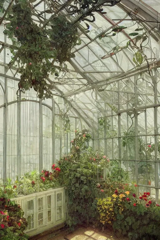 Prompt: a beautiful painting of a greenhouse, beside the window, rainy, gloomy and depressed, dark, low saturation, rococo, by krenz cushart and mucha and monet, trending on artstation.