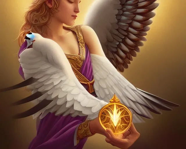 Prompt: the holy spirit as a dove, photography of kurzgesagt, deep focus, d & d, fantasy, intricate, elegant, highly detailed, digital painting, artstation, concept art, matte, sharp focus, illustration, hearthstone, art by artgerm and greg rutkowski and alphonse mucha