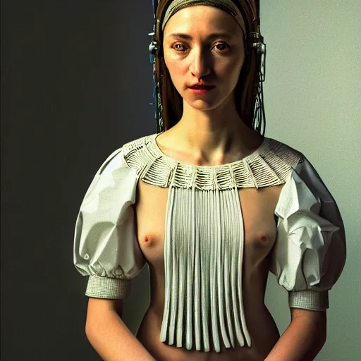 Image similar to hyperrealism photography in caravaggio style quntum computer simulation visualisation of parallel universe sitcom scene with beautiful detailed ukrainian woman kniting with detailed face wearing ukrainian traditional shirt and wearing retrofuturistic sci - fi neural interface designed by josan gonzalez. hyperrealism photo on pentax 6 7, by giorgio de chirico volumetric natural light rendered in blender