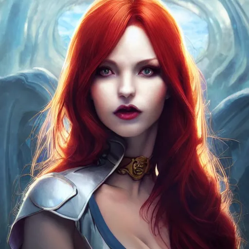 Image similar to redhead vampire sorceress, perfect face viewed in profile, bright glowing blue and silver eyes, gold shirt, cinematic, floating ash, stunning, highly detailed, artstation, smooth, hard focus, concept art, art by artgerm and greg rutkowski and alphonse mucha, volumetric lighting, octane render, 4 k resolution, trending on artstation, masterpiece