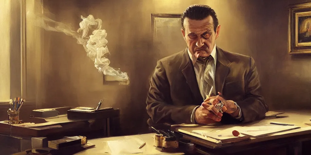 Image similar to beautiful oil matte portrait painting, mafia boss smoking a cigar at his 5 0 s new york office desk, wonderful masterpiece highly detailed, beautiful cinematic light deep focus, elegant, digital painting, smooth, sharp focus, golden ratio, dramatic illumination, ultra realistic, 8 k, art by jimmy law