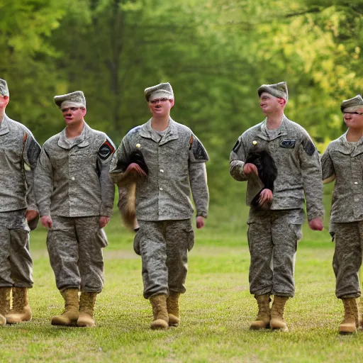 Image similar to a group of fox animals dressed in modern american military soldier uniforms, foxes animals, 8 5 mm f / 1. 4